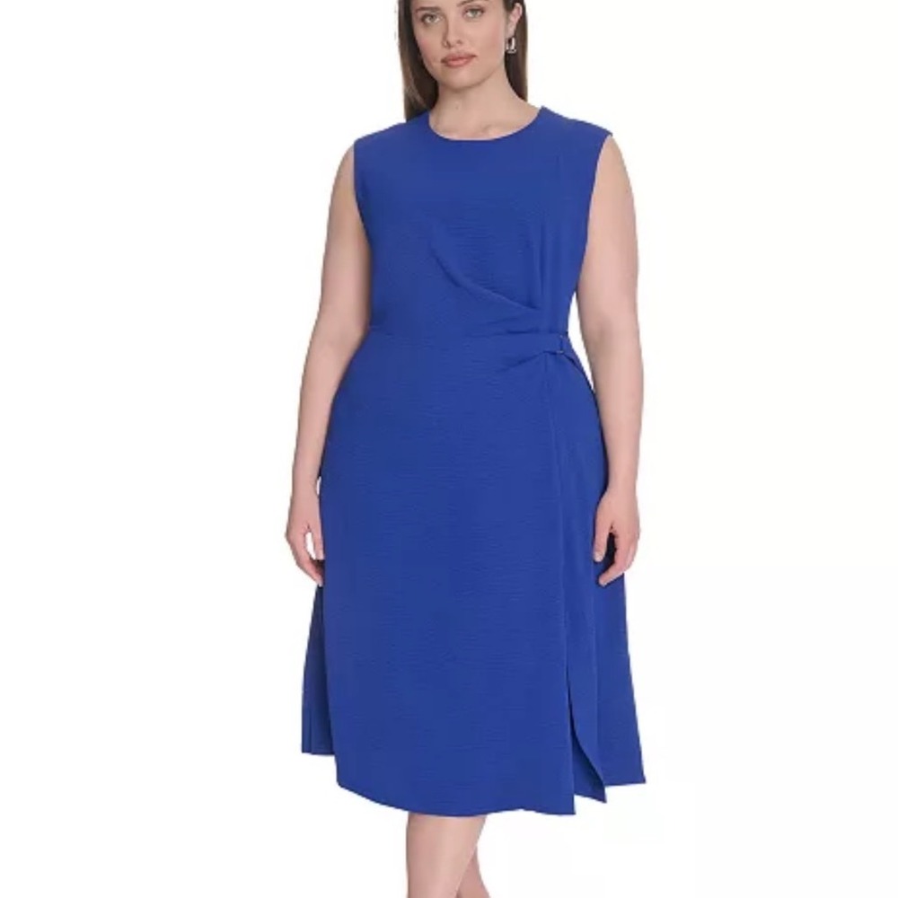 Calvin Klein Midi Dress Women 16W New Blue Textured D-Ring Sleeveless A-Line